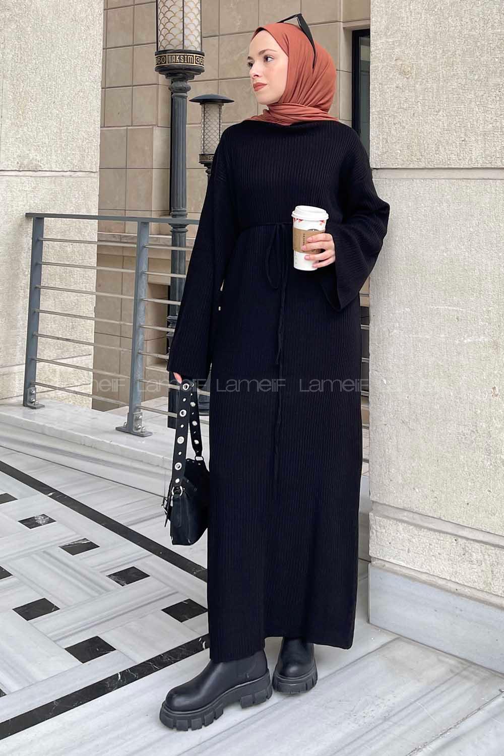 Black Normal Neck Wool Acrylic Unprinted Dresess