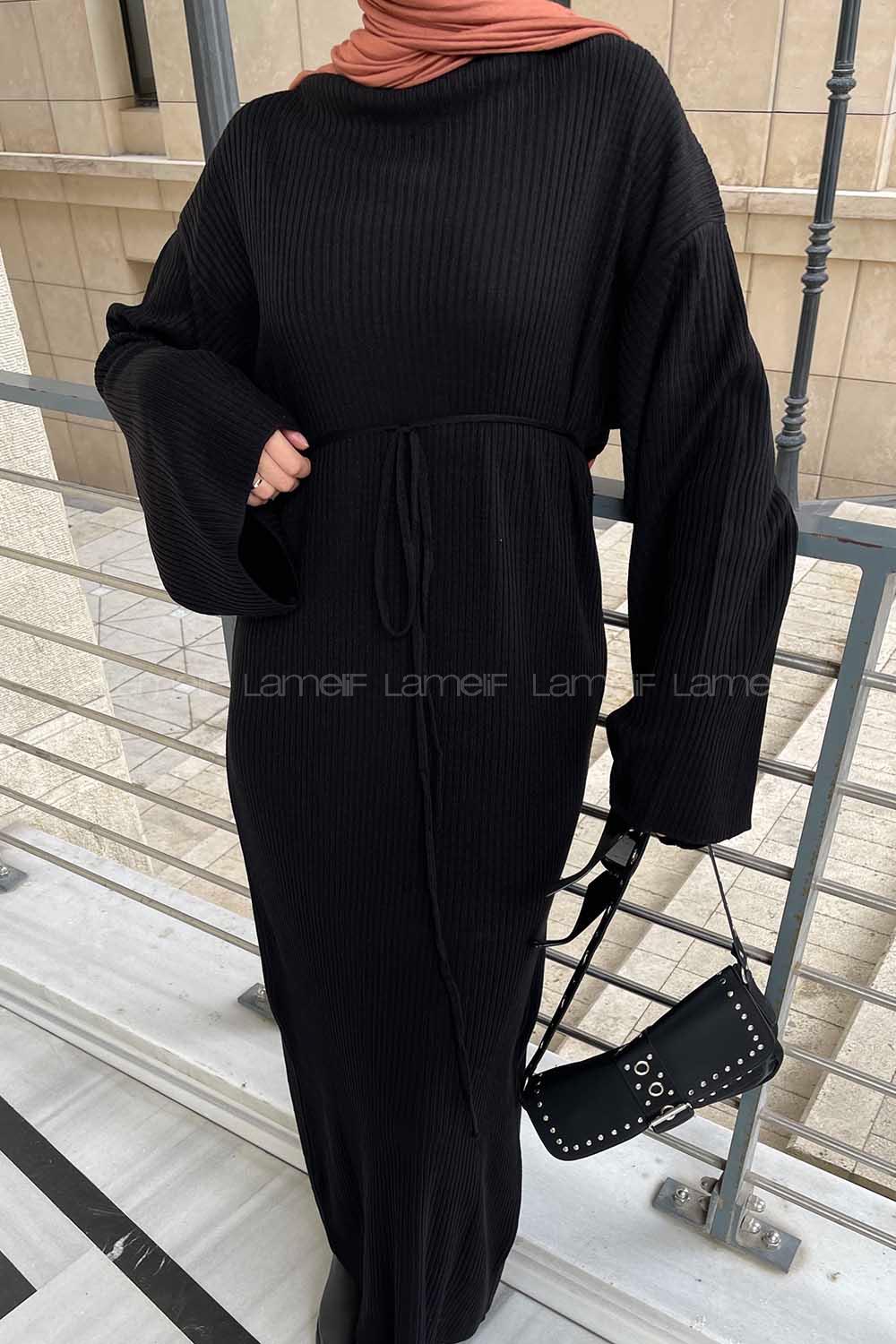 Black Normal Neck Wool Acrylic Unprinted Dresess