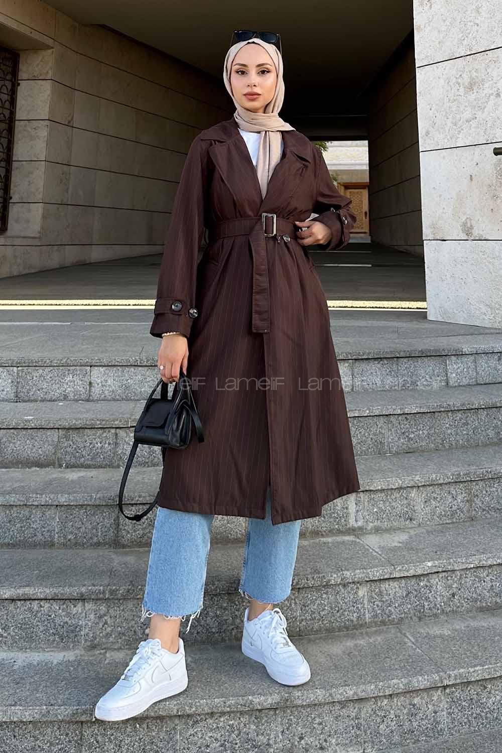 Lamelif Çizgili Trençkot Kahve