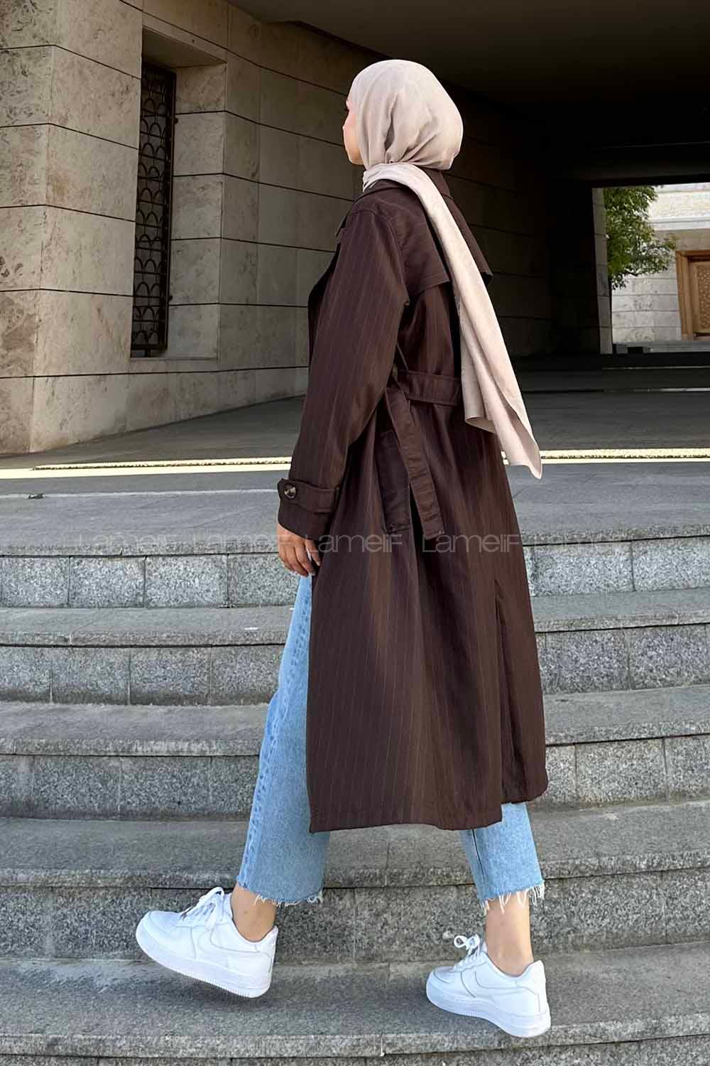 Lamelif Çizgili Trençkot Kahve