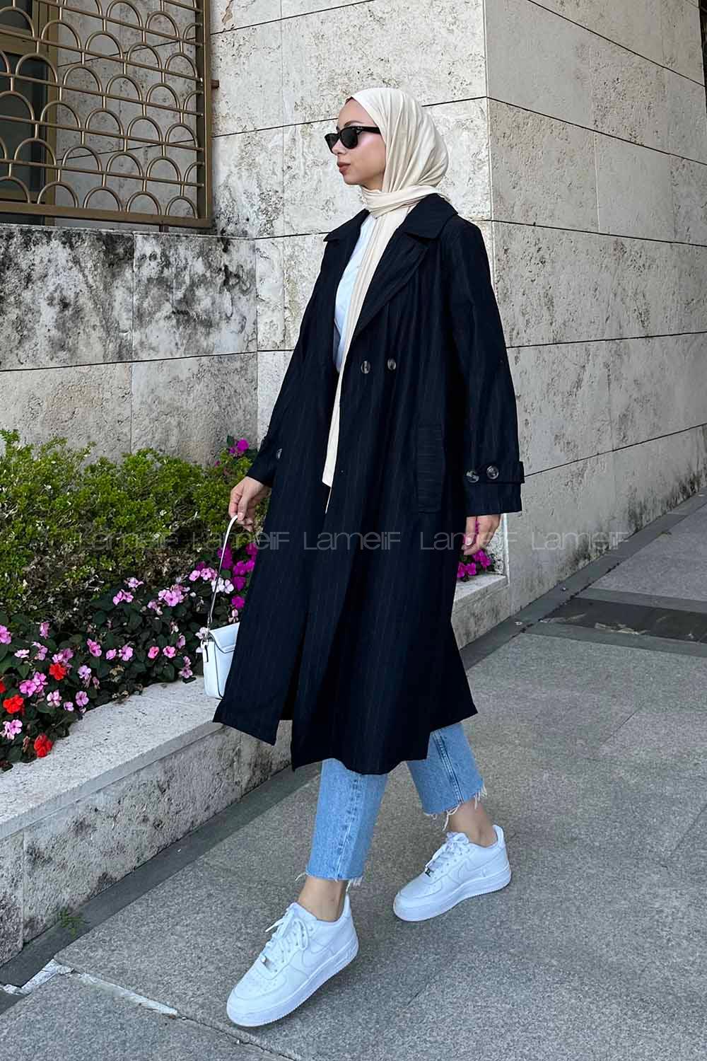 Lamelif Çizgili Trençkot Siyah