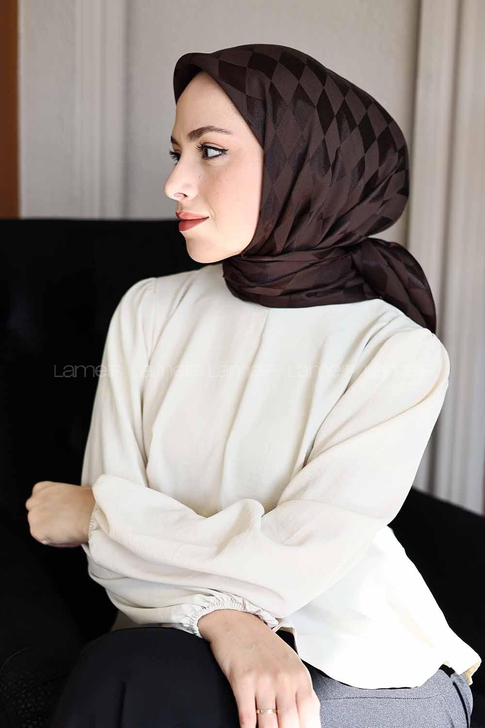 Lamelif Dama Desen Jakar Eşarp Acı Kahve