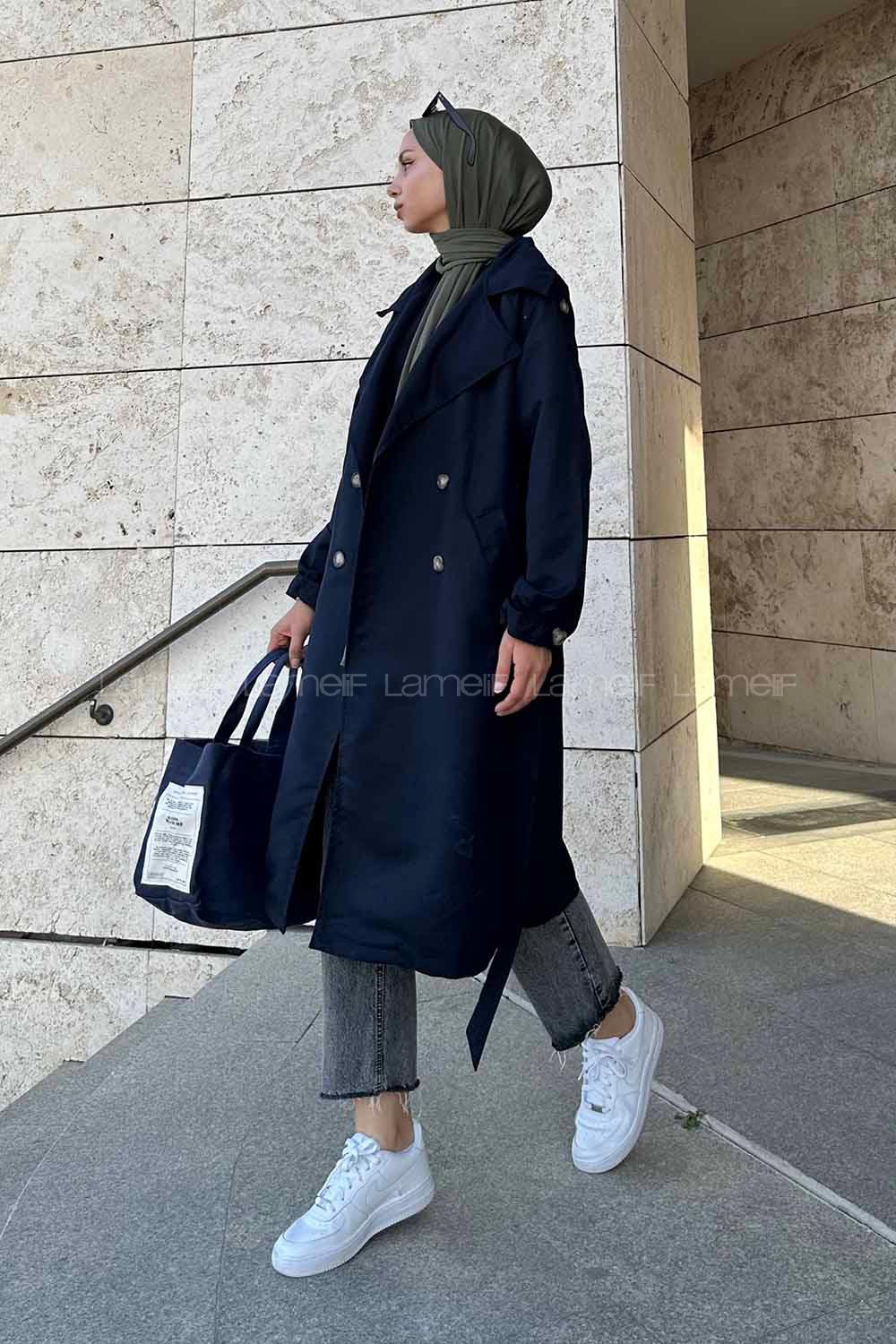 Navy Blue Long Arm Belted Poplin Fabric Trench Coat