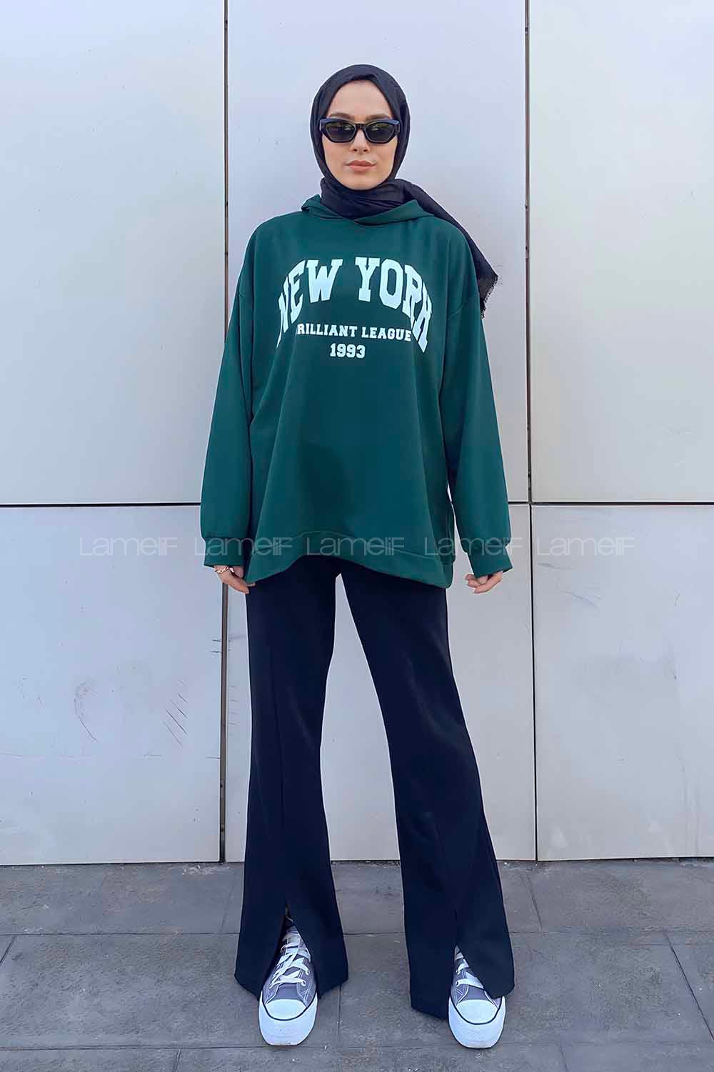 Emerald Green Hood Neck Long Arm Printed Sweatshirt