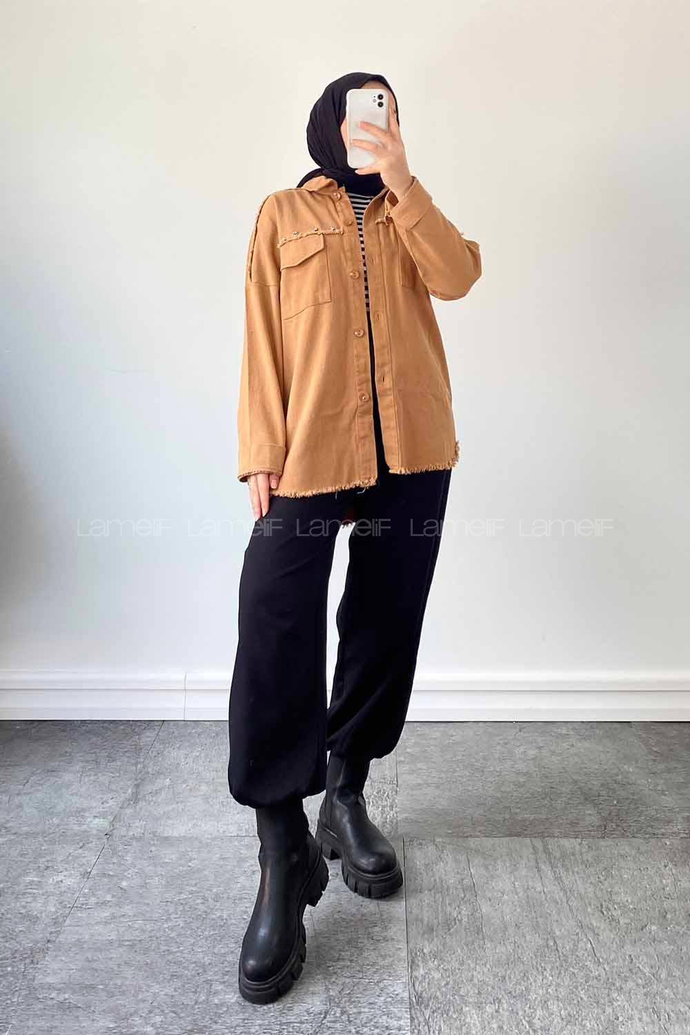 Lamelif Wish Taş Detaylı Gabardin Ceket Koyu Camel