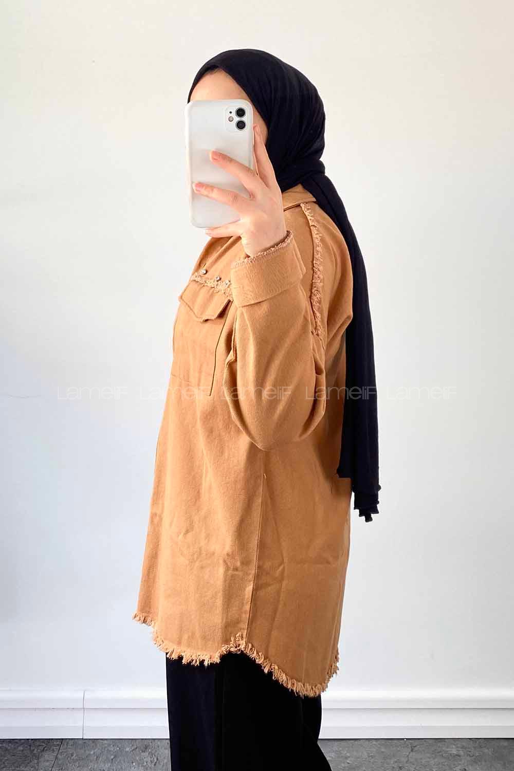 Lamelif Wish Taş Detaylı Gabardin Ceket Koyu Camel