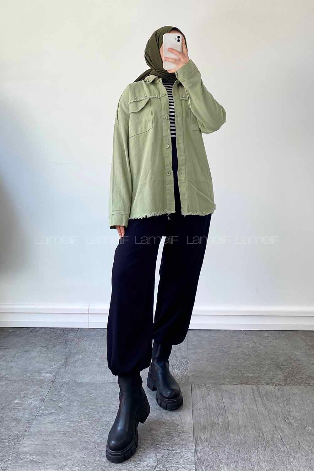 Mint Green Shirt Collar Long Arm Cotton Jacket