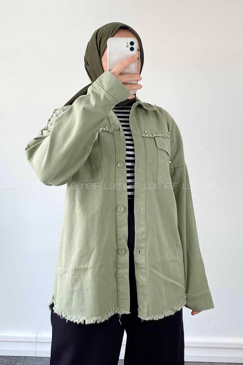 Mint Green Shirt Collar Long Arm Cotton Jacket