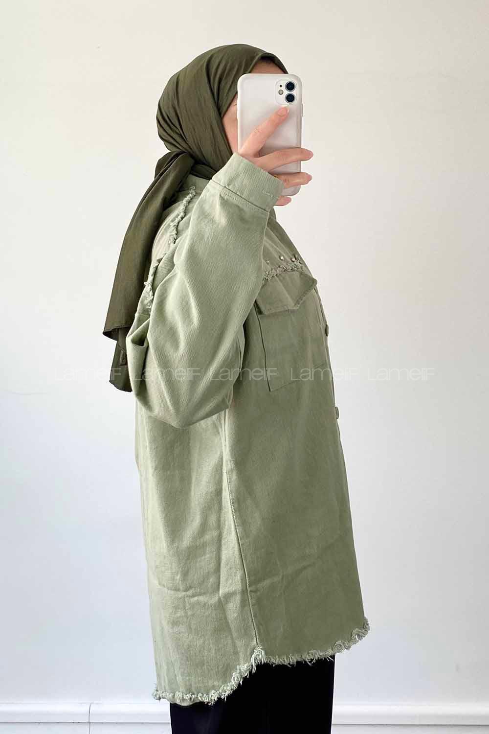 Mint Green Shirt Collar Long Arm Cotton Jacket