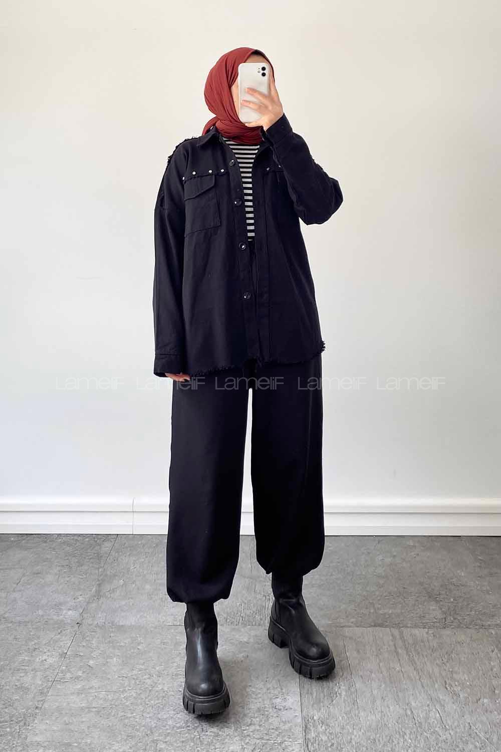 Black Shirt Collar Long Arm Cotton Jacket