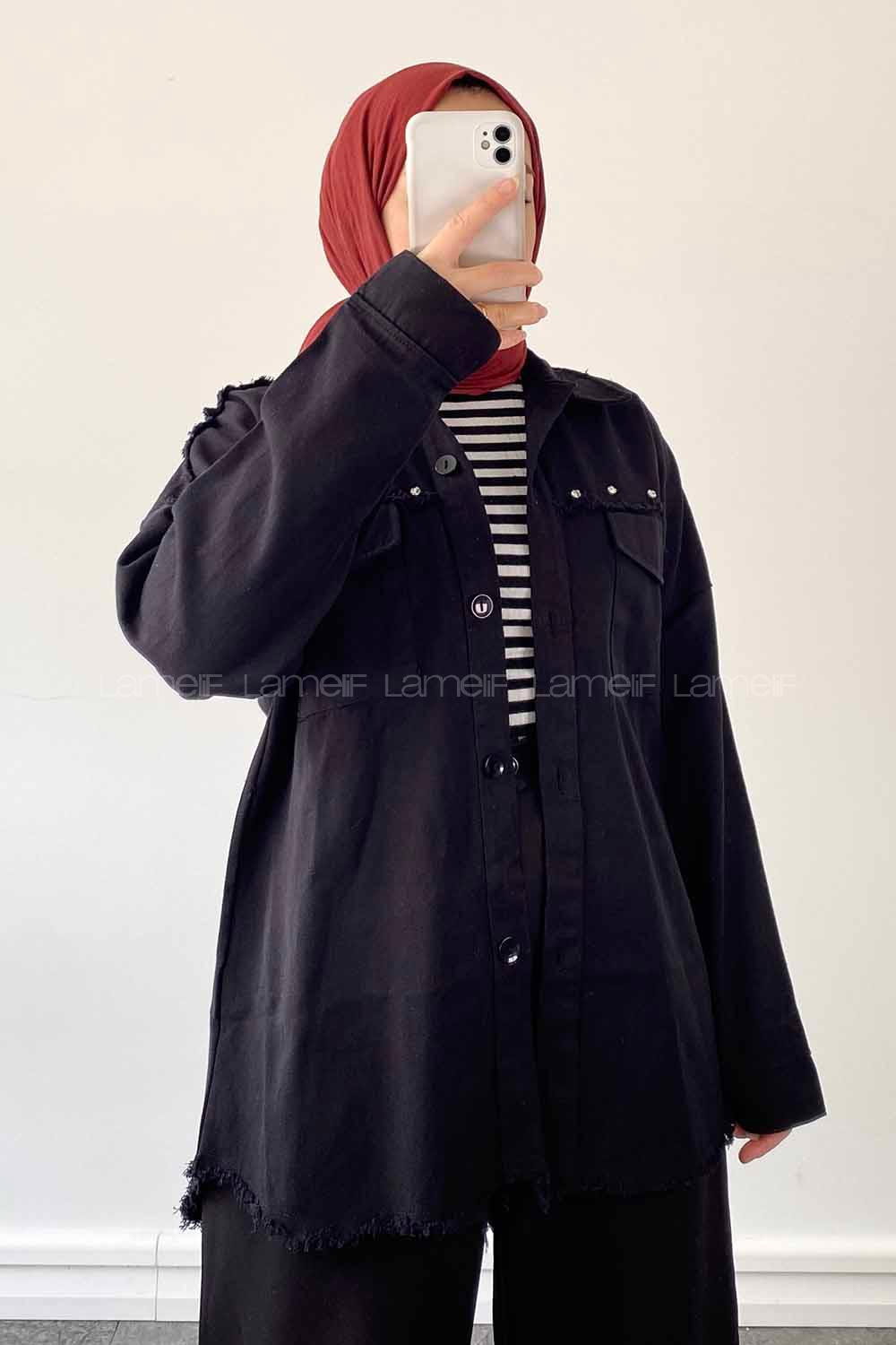 Black Shirt Collar Long Arm Cotton Jacket