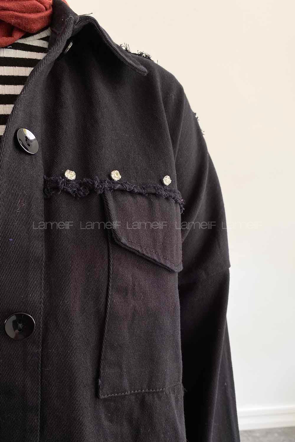Black Shirt Collar Long Arm Cotton Jacket