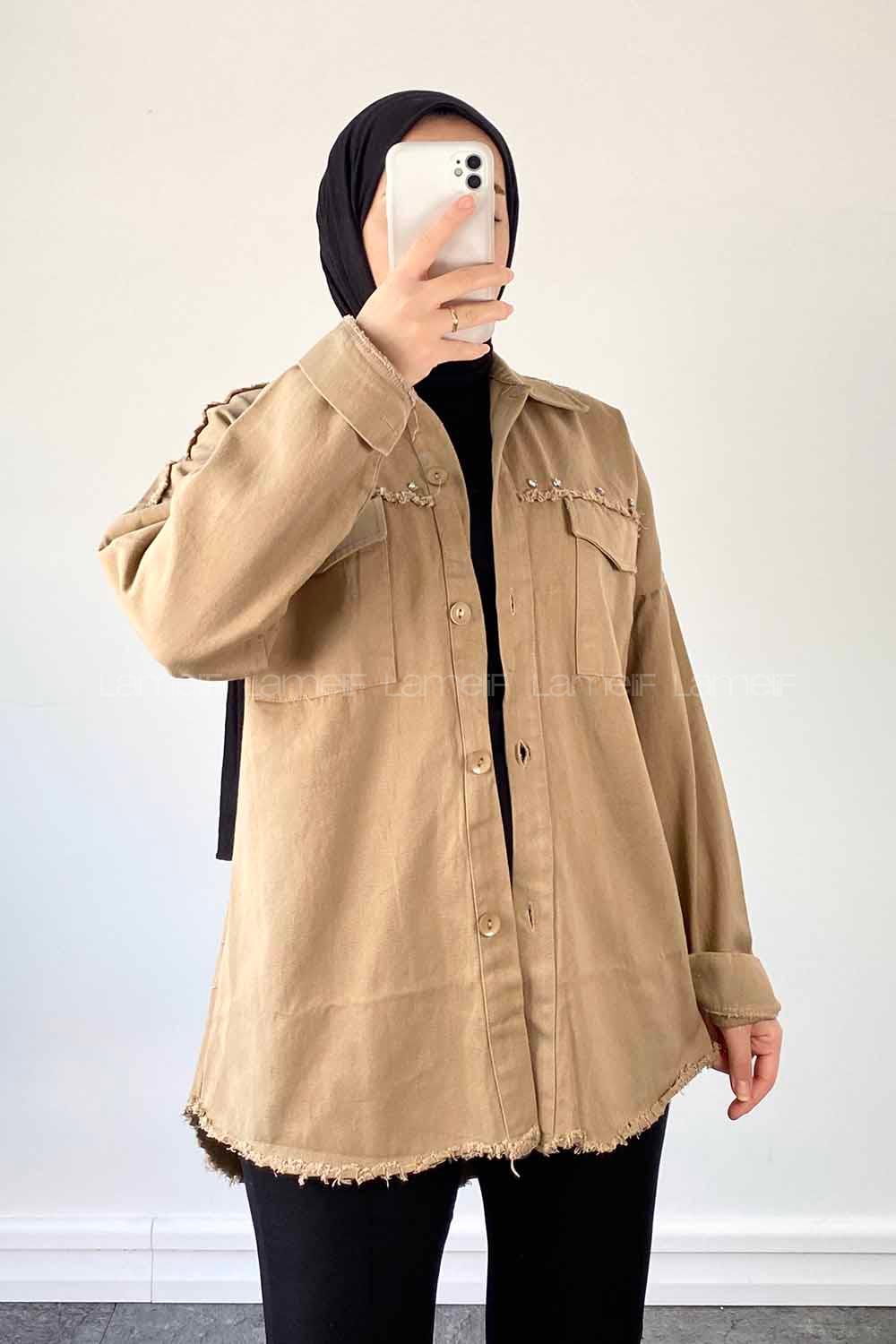 Brown With Milk Shirt Collar Long Arm Cotton Jacket