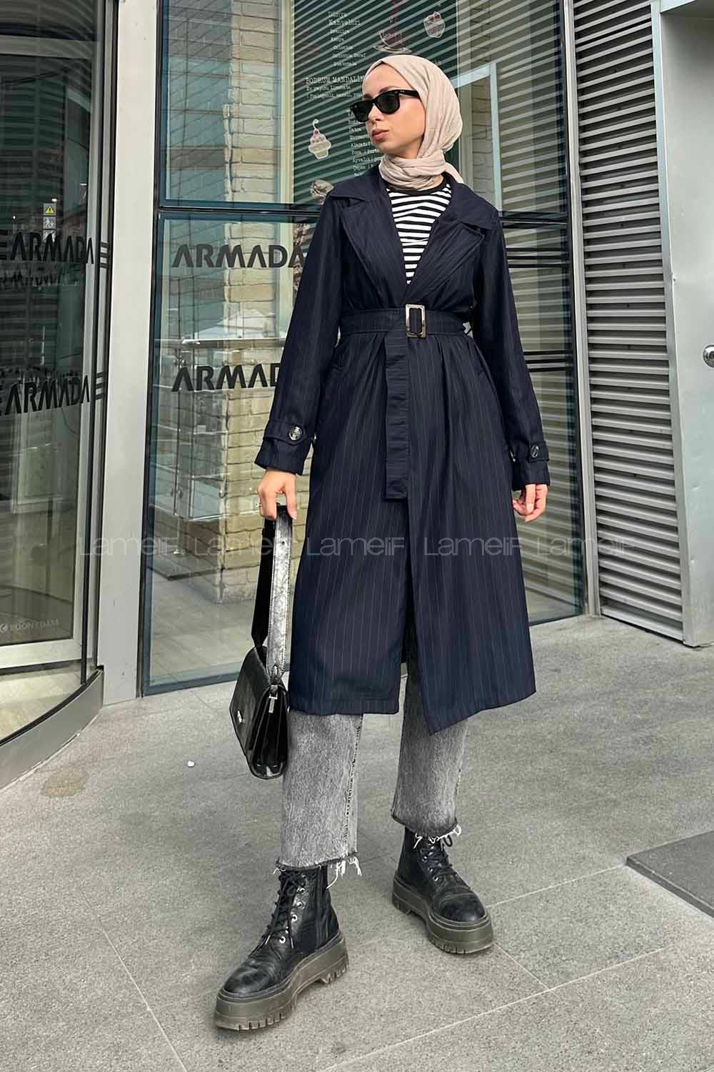 Navy Blue Long Arm Belted Poplin Fabric Trench Coat