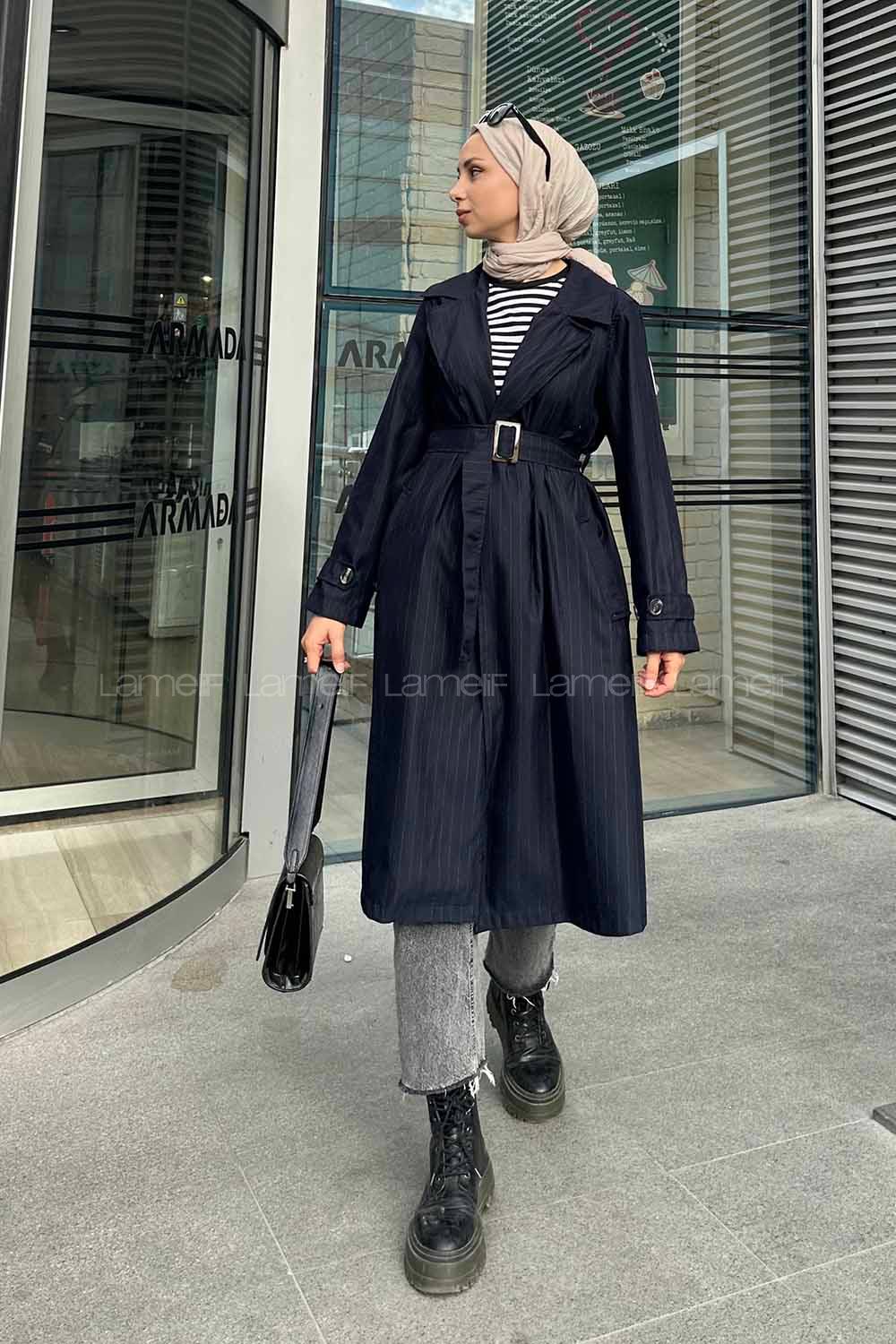Navy Blue Long Arm Belted Poplin Fabric Trench Coat