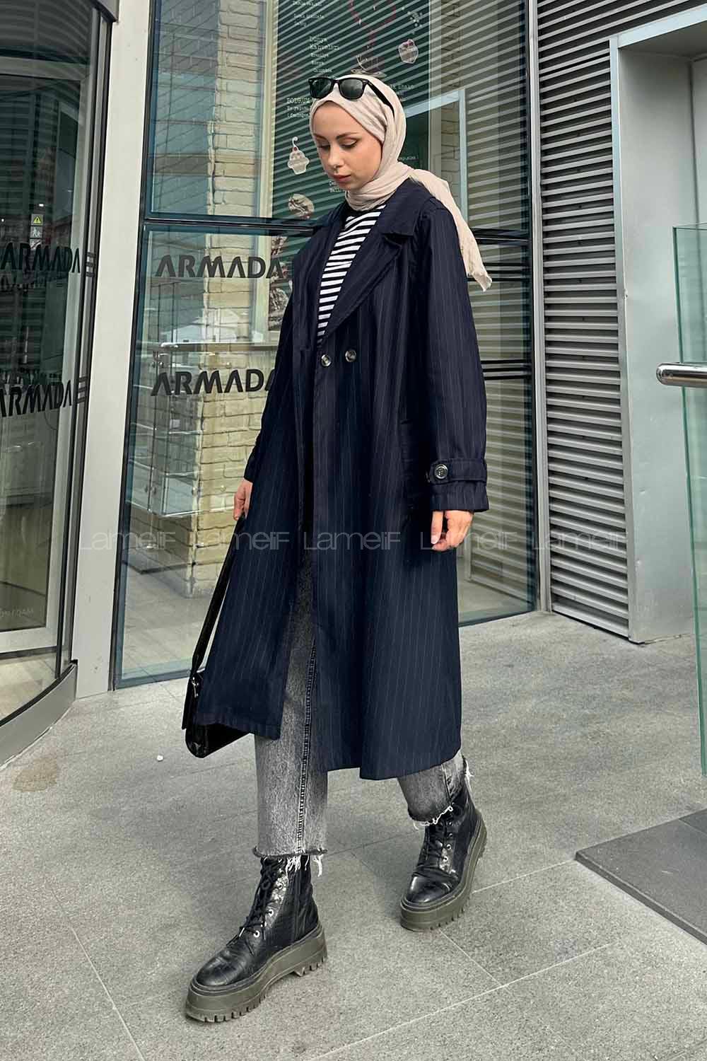 Navy Blue Long Arm Belted Poplin Fabric Trench Coat