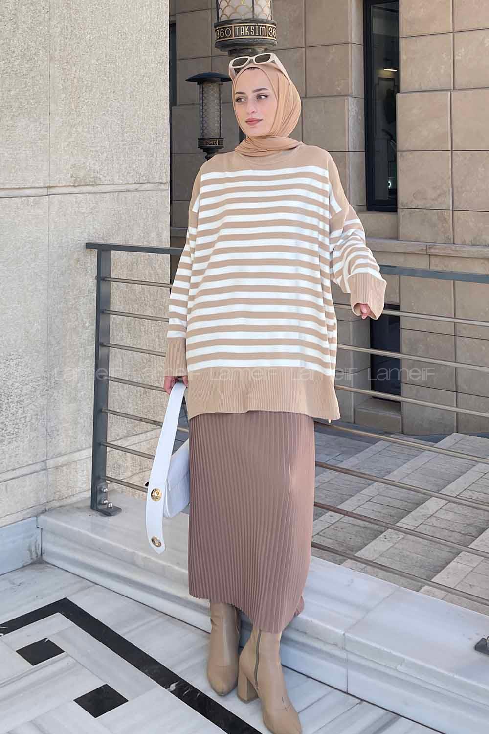 Lamelif Çizgili Uzun Kazak Sütlü Kahve