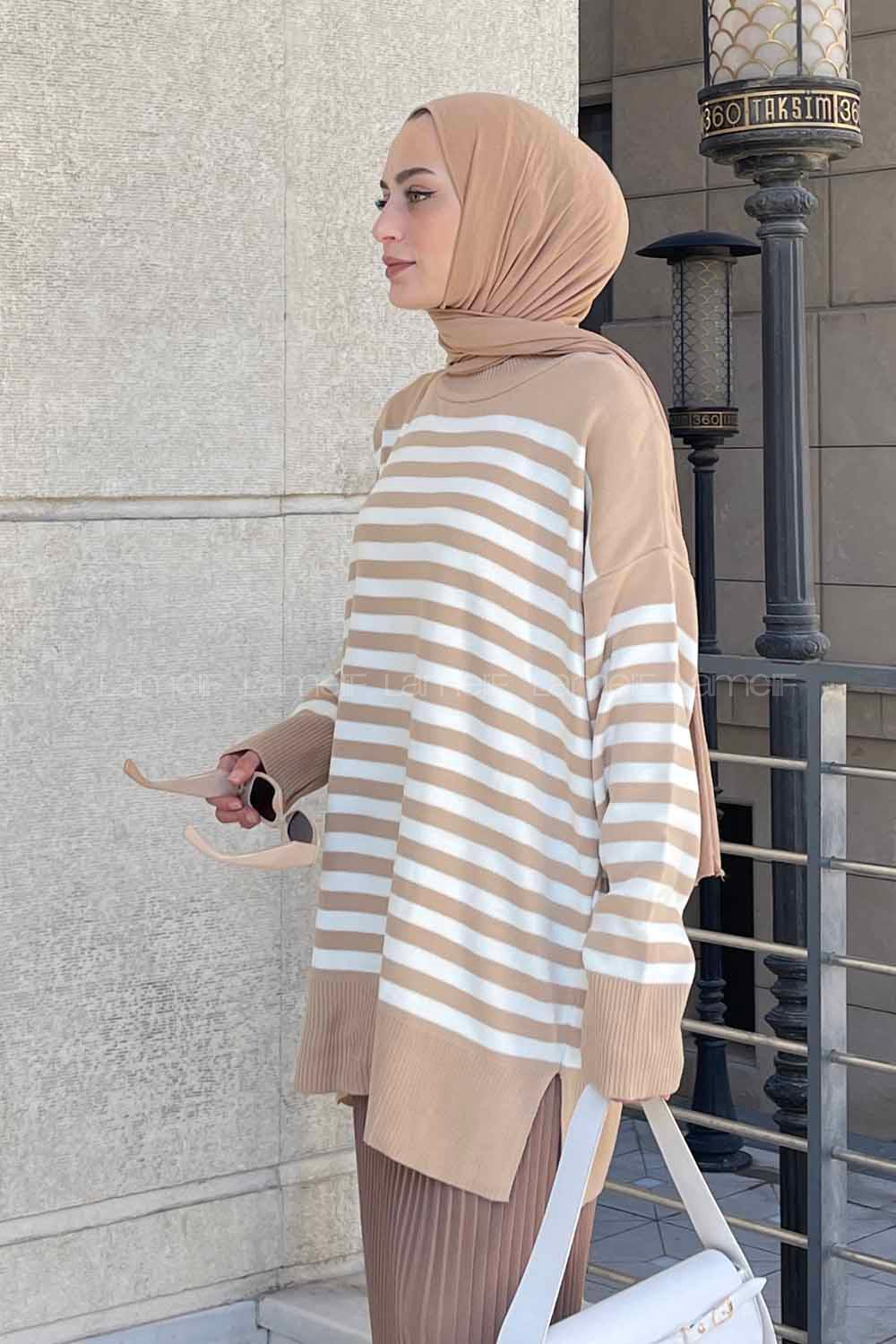 Lamelif Çizgili Uzun Kazak Sütlü Kahve