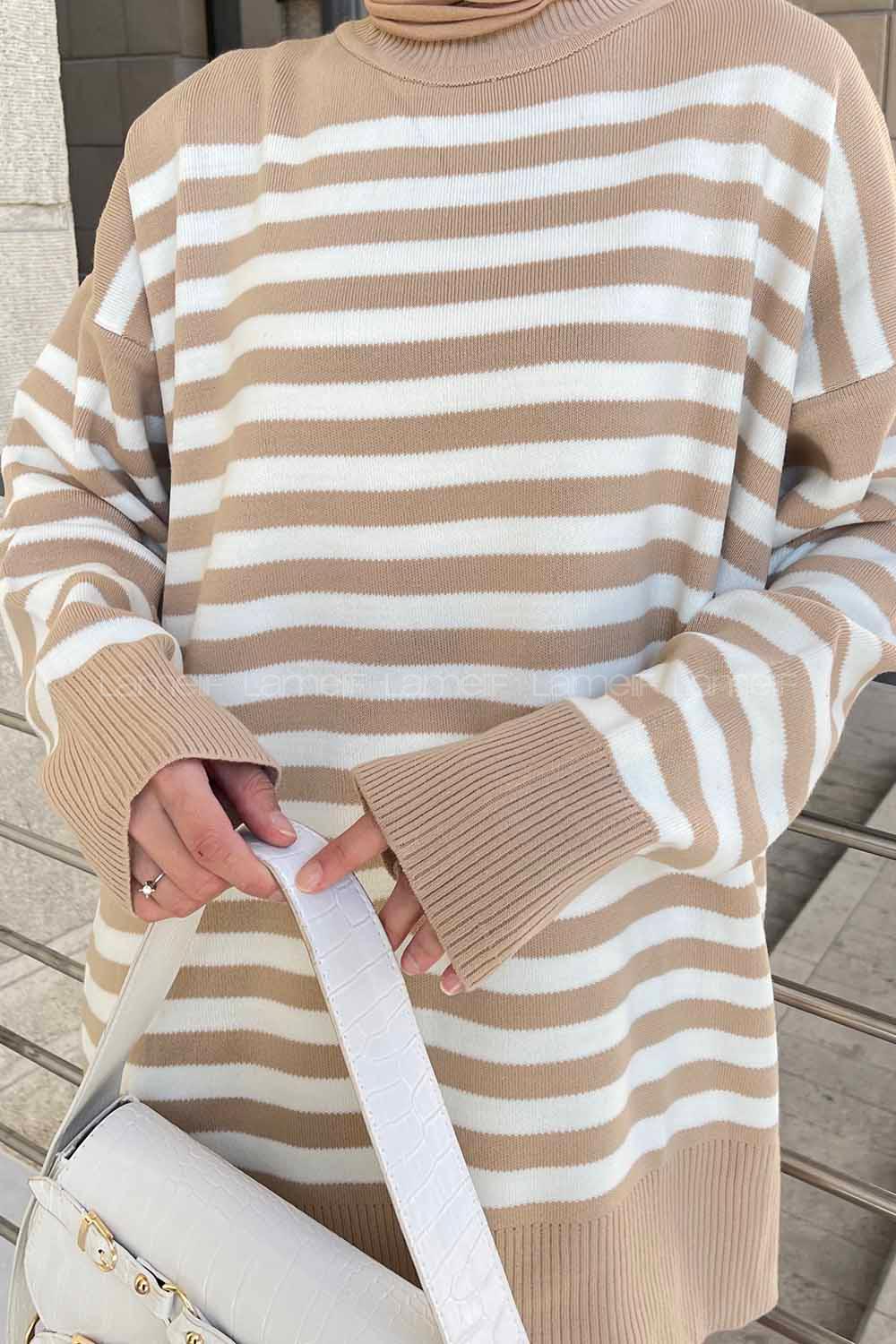 Lamelif Çizgili Uzun Kazak Sütlü Kahve