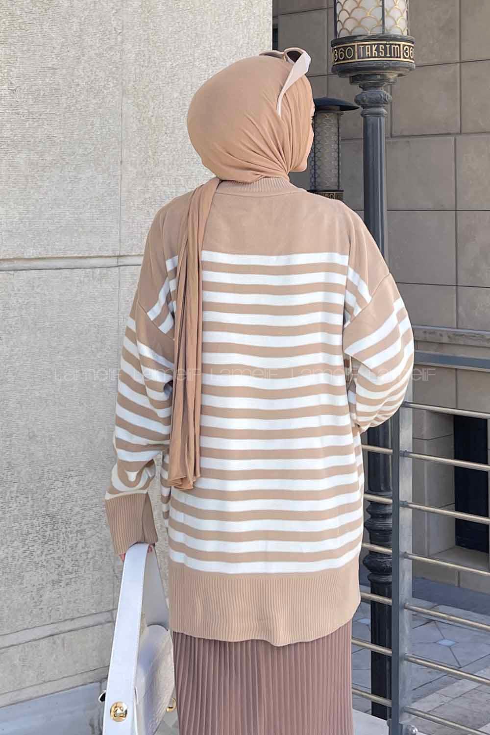 Lamelif Çizgili Uzun Kazak Sütlü Kahve