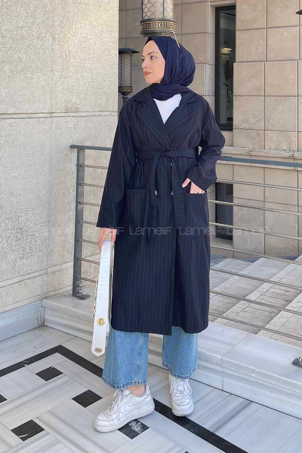 Lamelif Cuerpo Çizgi Detaylı Trençkot Lacivert