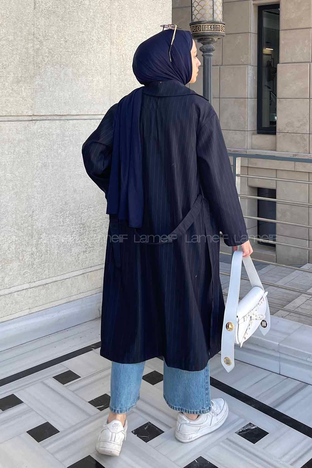 Lamelif Cuerpo Çizgi Detaylı Trençkot Lacivert