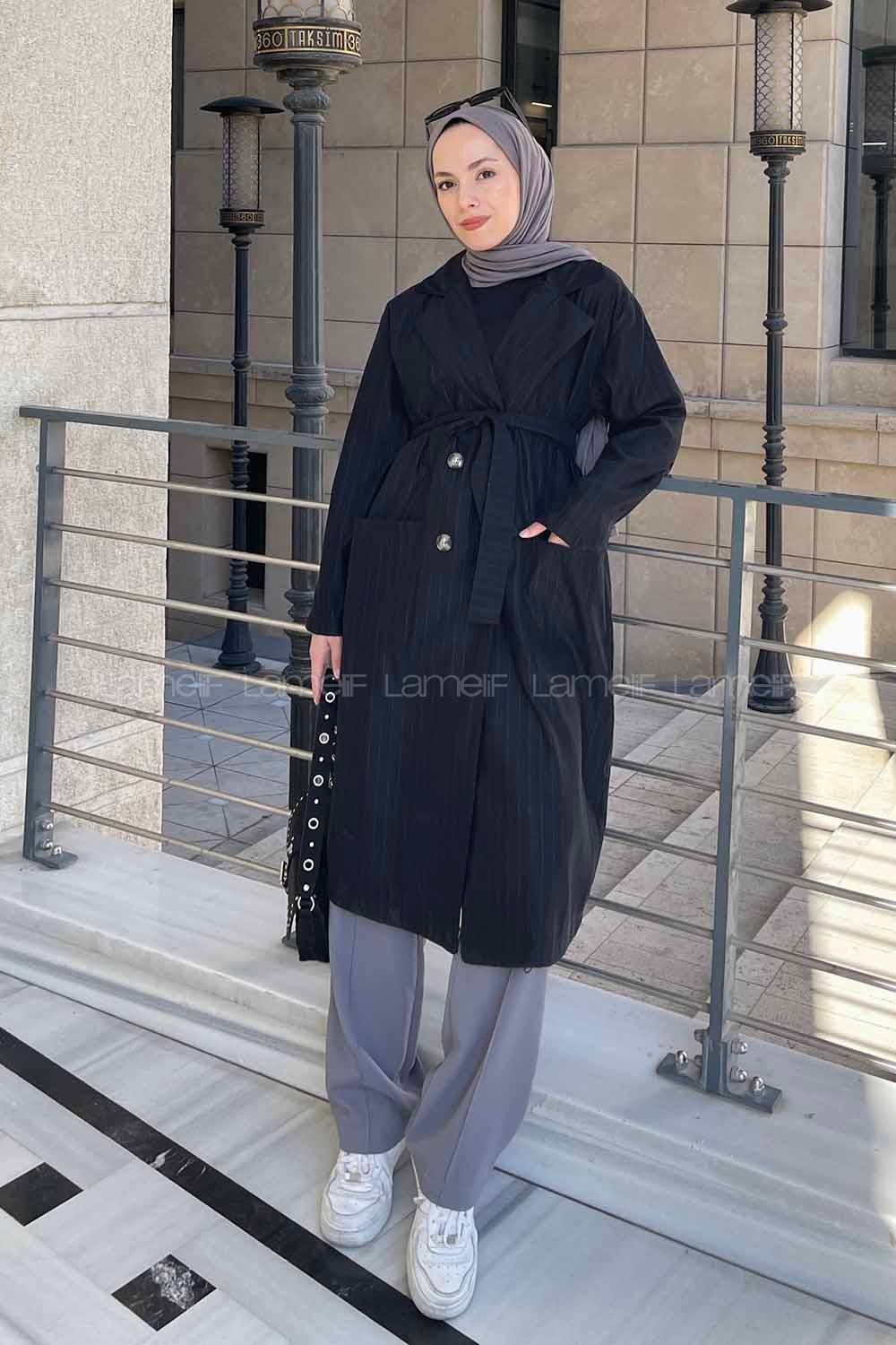 Lamelif Cuerpo Çizgi Detaylı Trençkot Siyah
