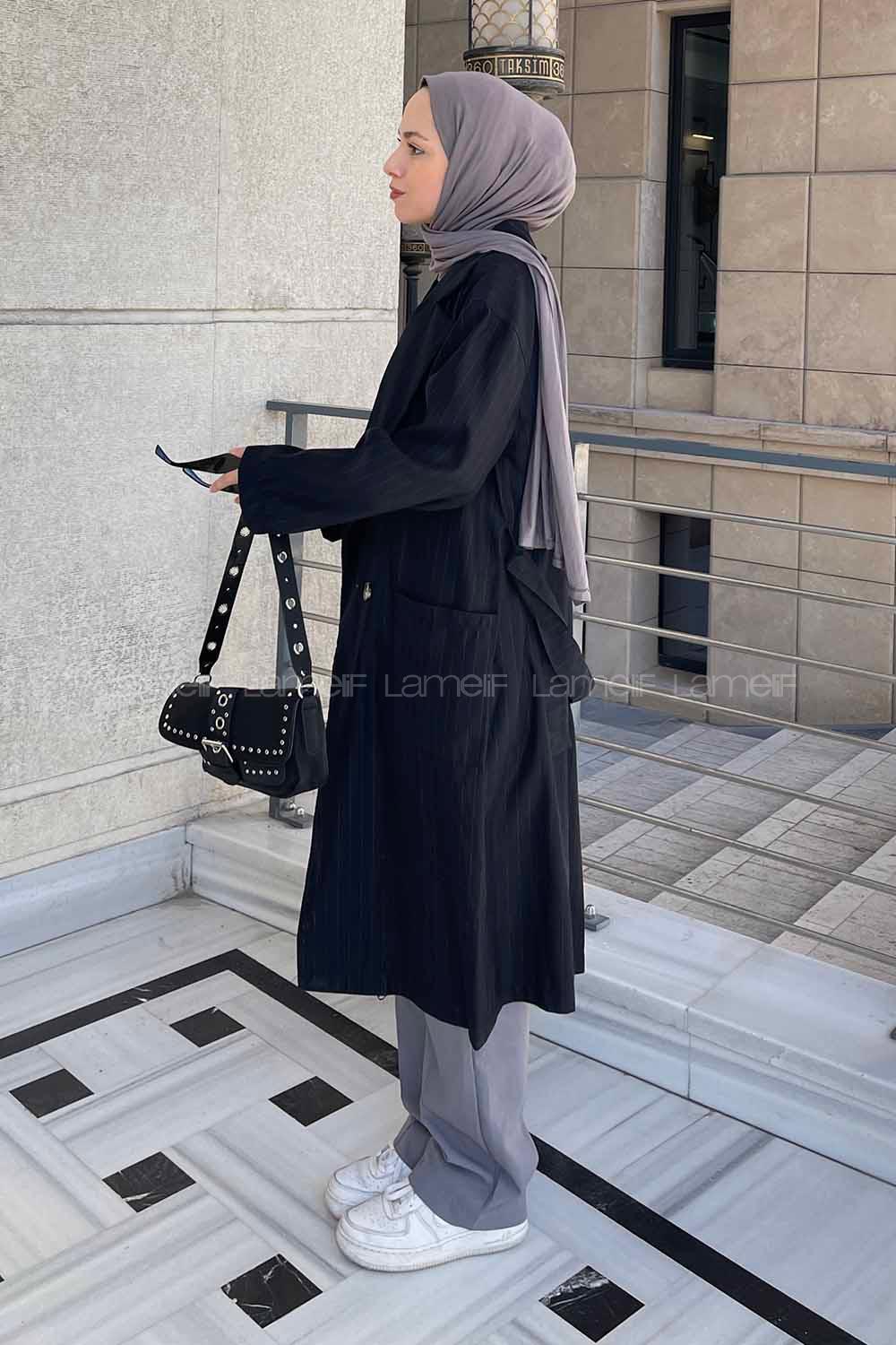 Lamelif Cuerpo Çizgi Detaylı Trençkot Siyah