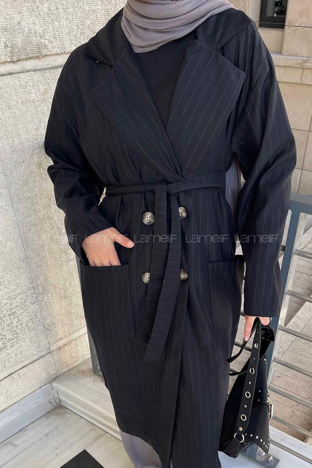 Lamelif Cuerpo Çizgi Detaylı Trençkot Siyah