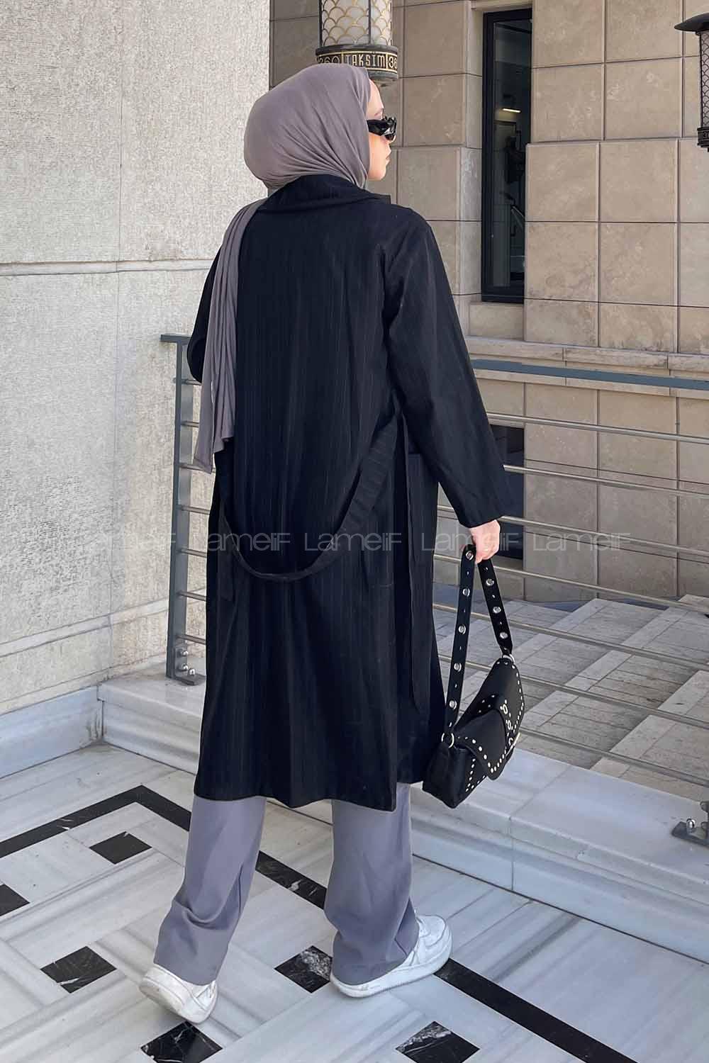 Lamelif Cuerpo Çizgi Detaylı Trençkot Siyah