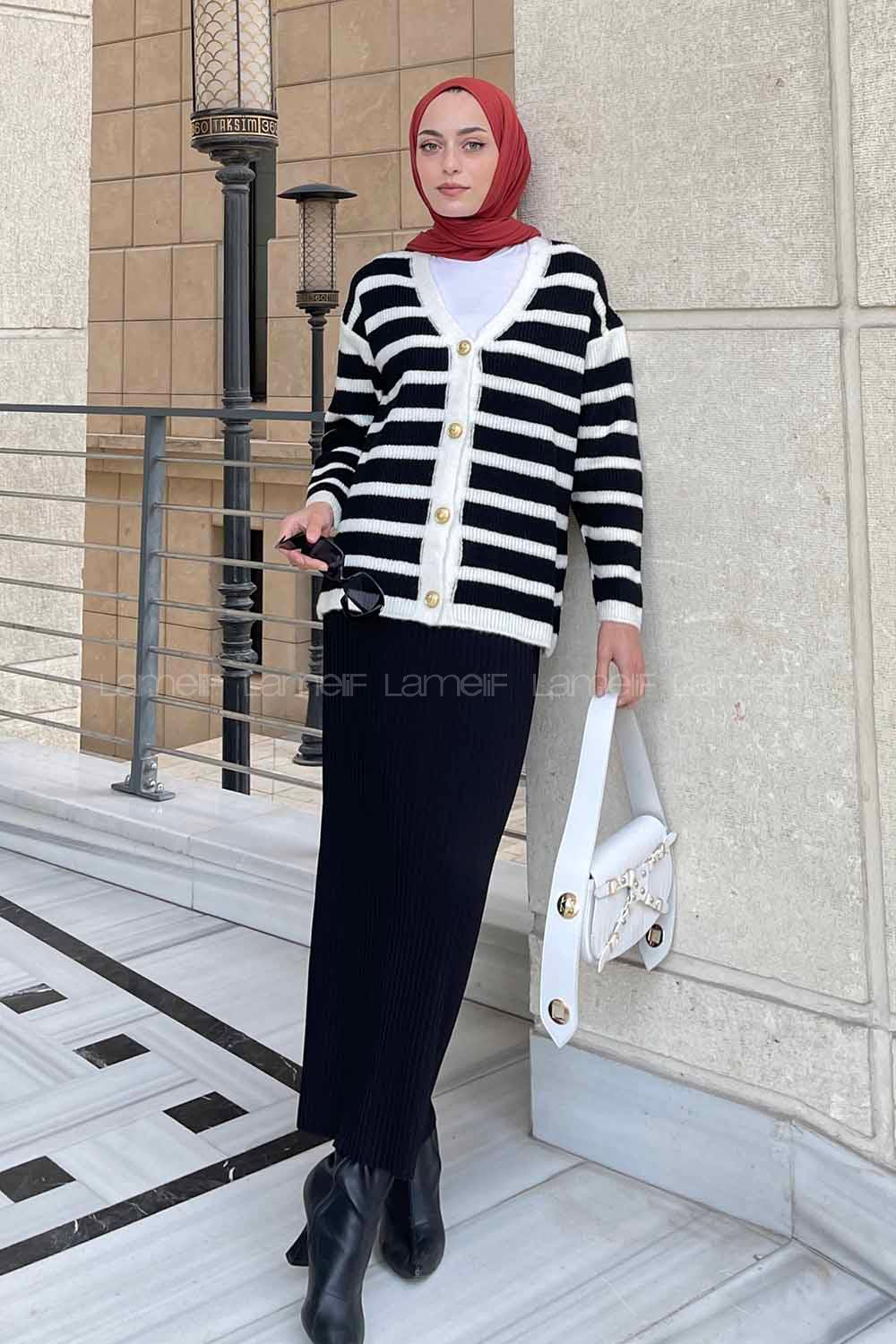 Lamelif  Kalın Çizgili Yumoş Hırka Siyah Beyaz