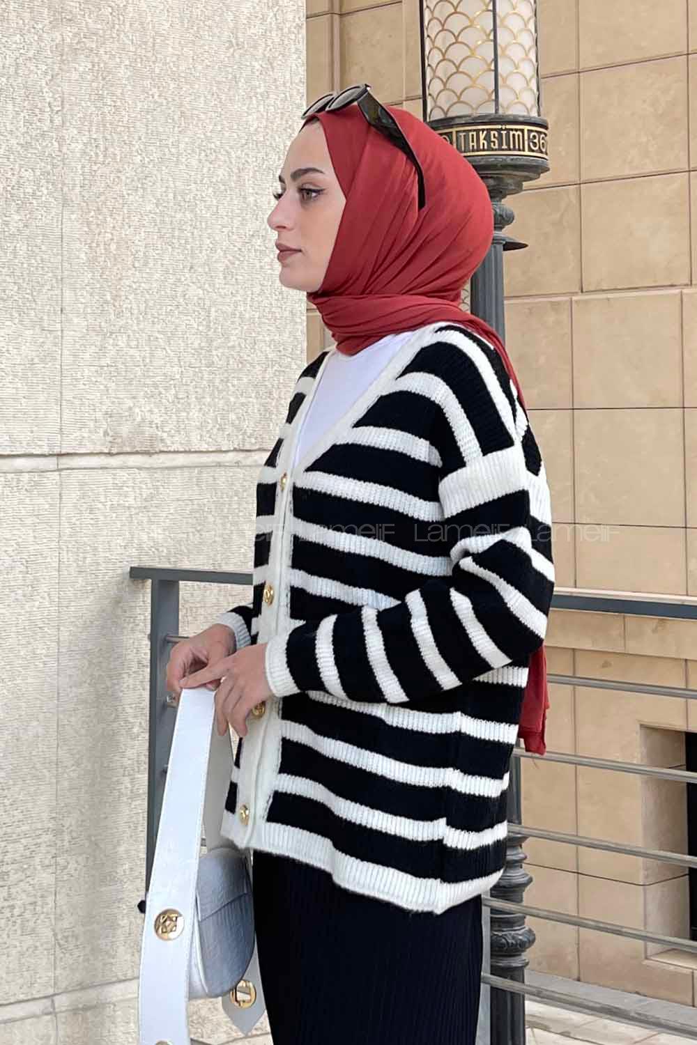 Lamelif  Kalın Çizgili Yumoş Hırka Siyah Beyaz