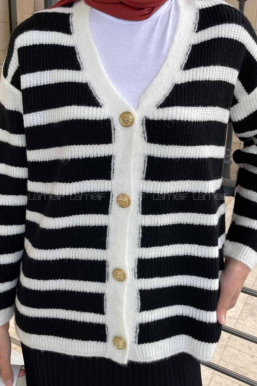 Lamelif  Kalın Çizgili Yumoş Hırka Siyah Beyaz