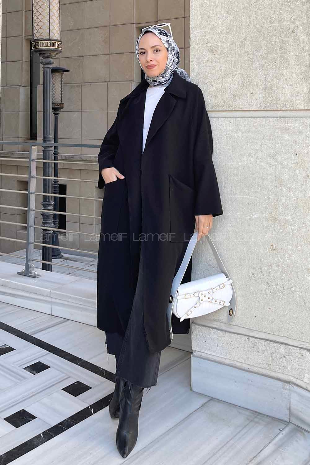 Lamelif Pis Dikişli Kaşe Kaban Siyah