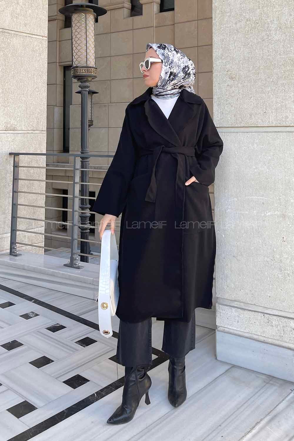 Lamelif Pis Dikişli Kaşe Kaban Siyah