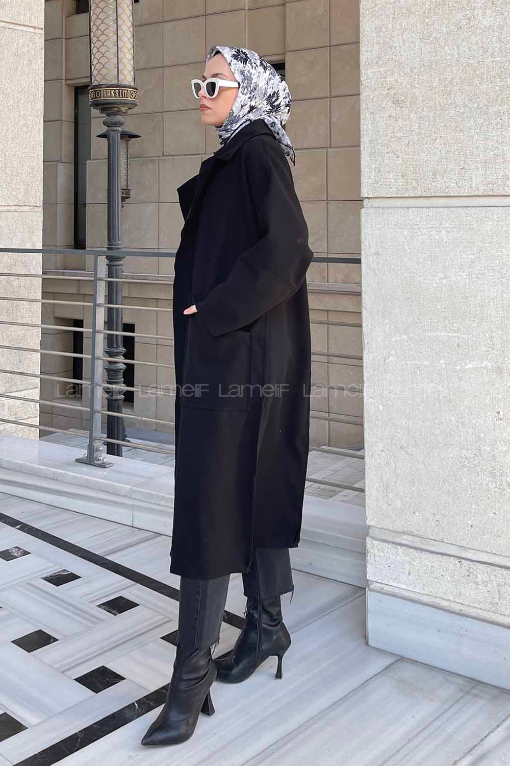 Lamelif Pis Dikişli Kaşe Kaban Siyah