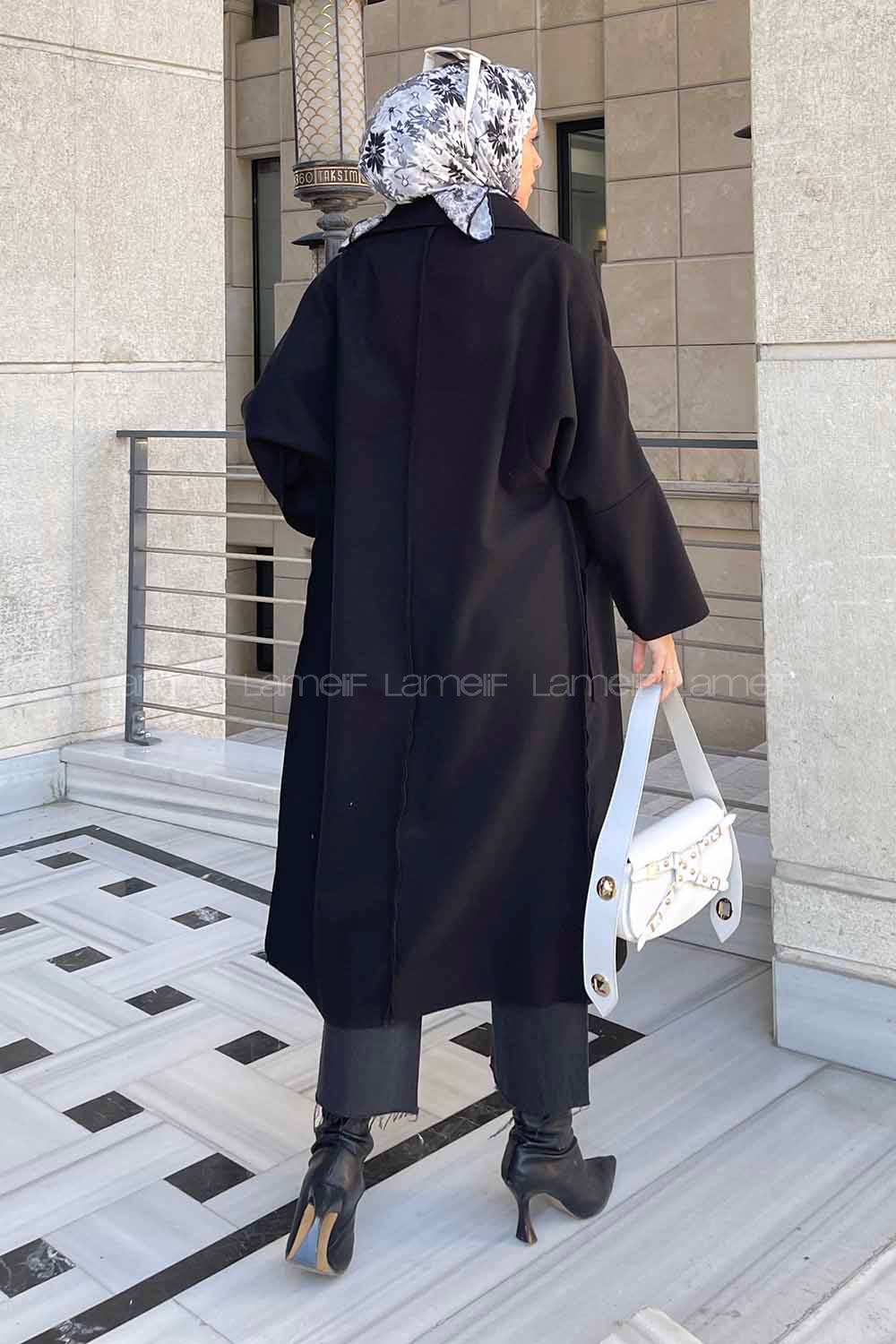 Lamelif Pis Dikişli Kaşe Kaban Siyah