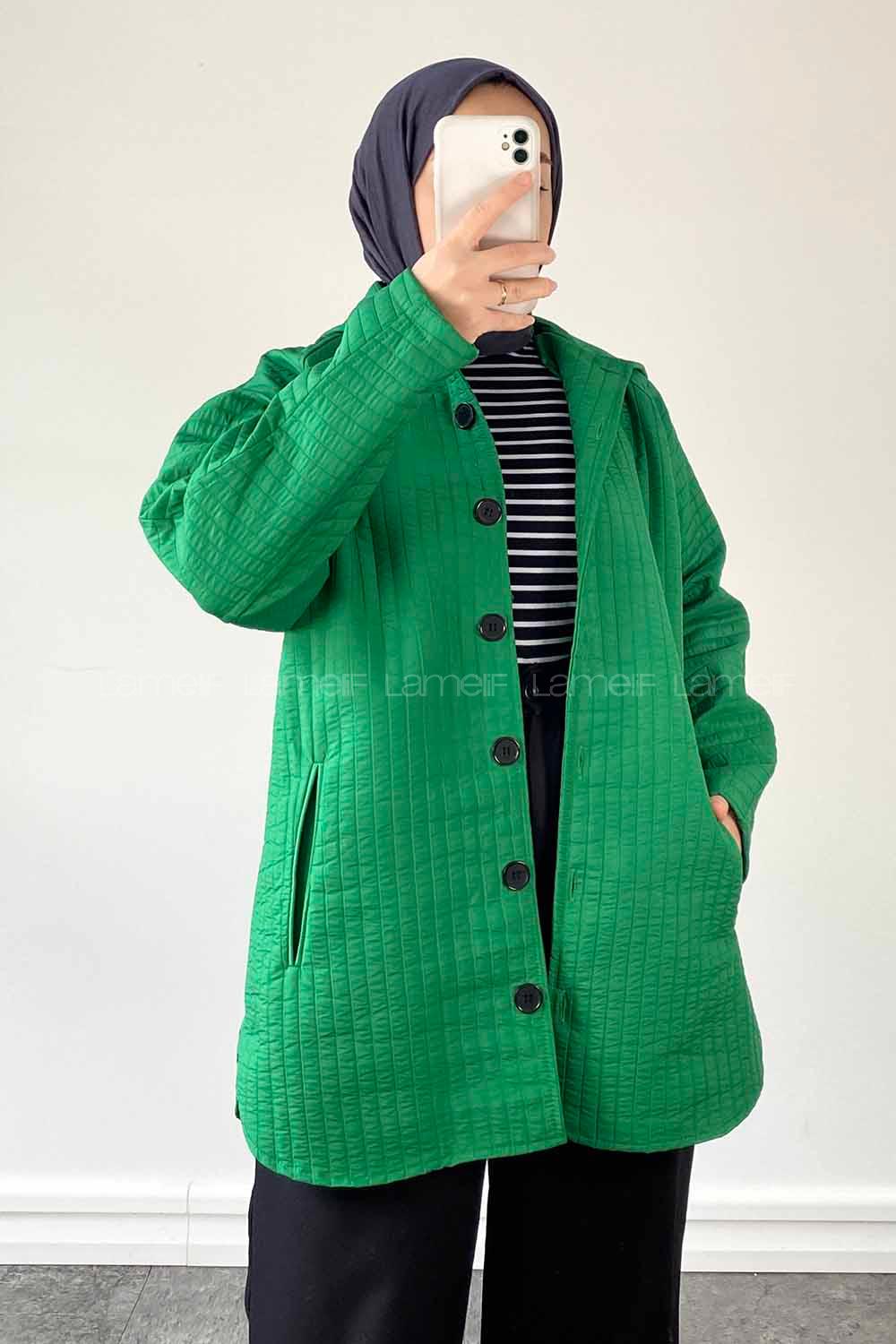 Green Hood Neck Long Arm Poplin Fabric Jacket