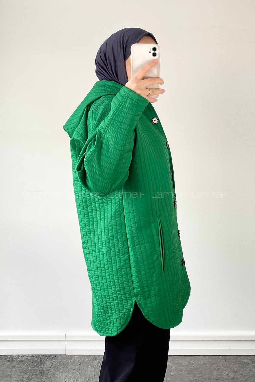 Green Hood Neck Long Arm Poplin Fabric Jacket