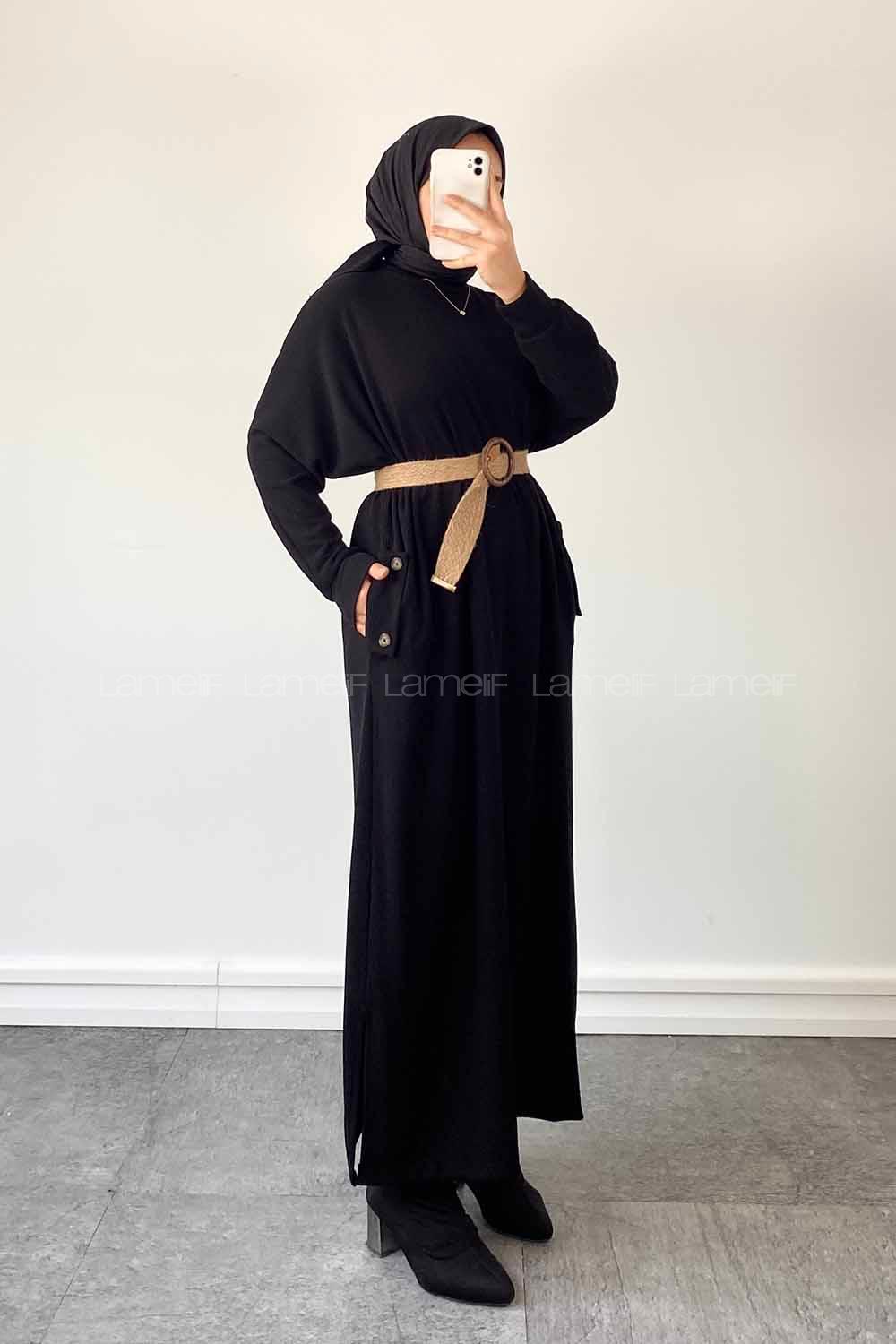 Lamelif Yan Cepli Caldo Triko Elbise Siyah