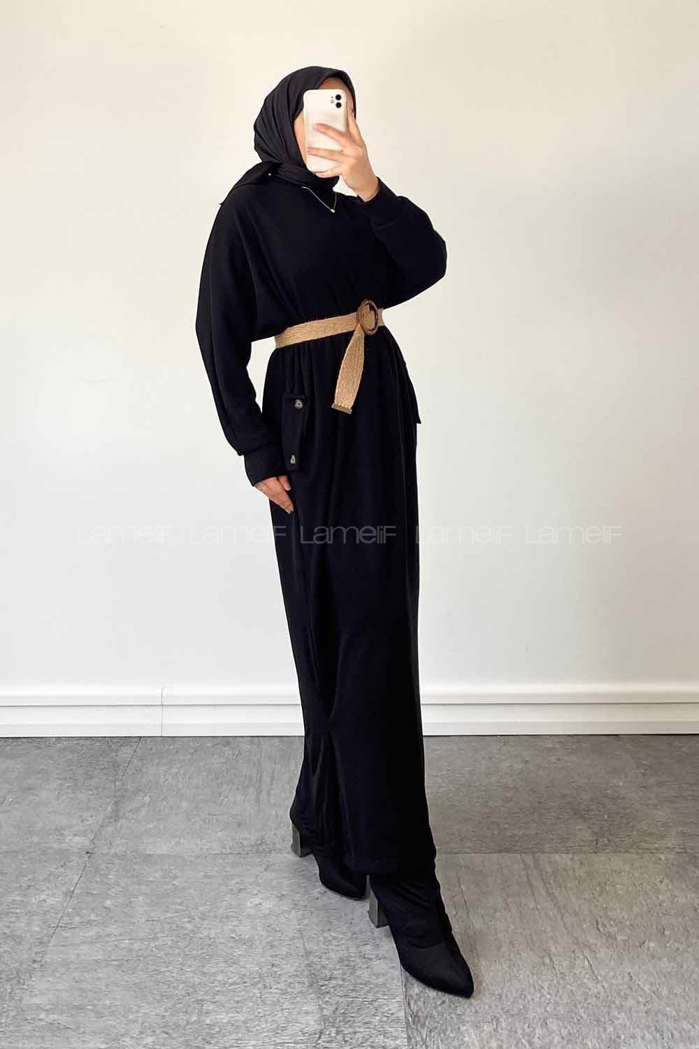 Lamelif Yan Cepli Caldo Triko Elbise Siyah