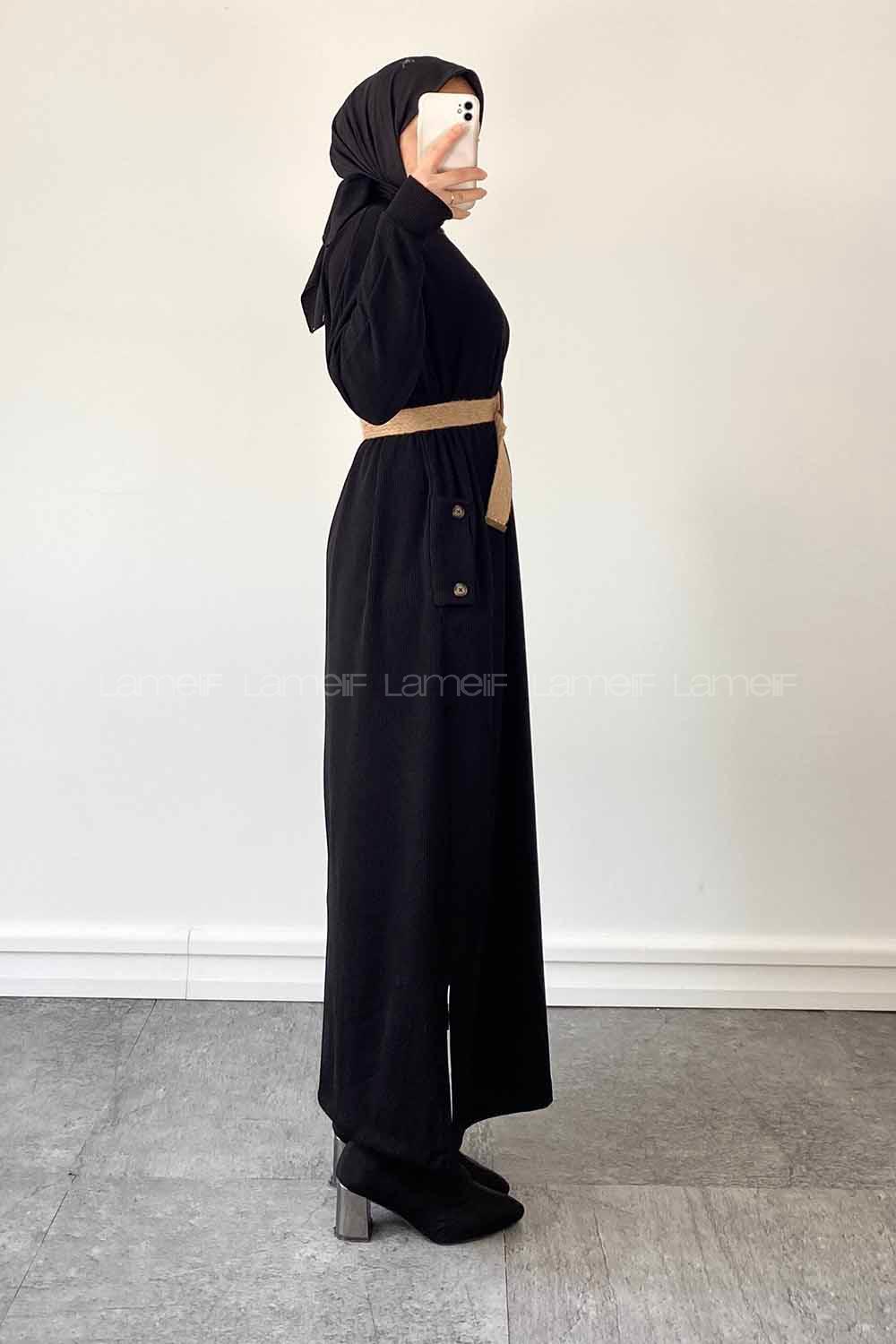 Lamelif Yan Cepli Caldo Triko Elbise Siyah