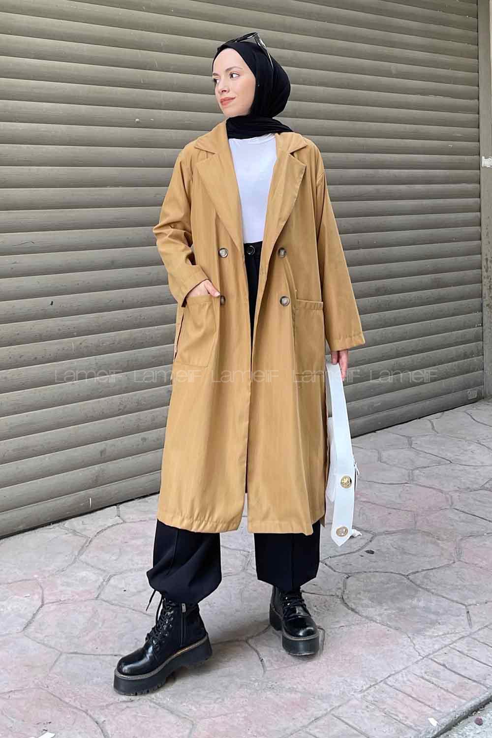 Lamelif Cuerpo Çizgi Detaylı Trençkot Camel
