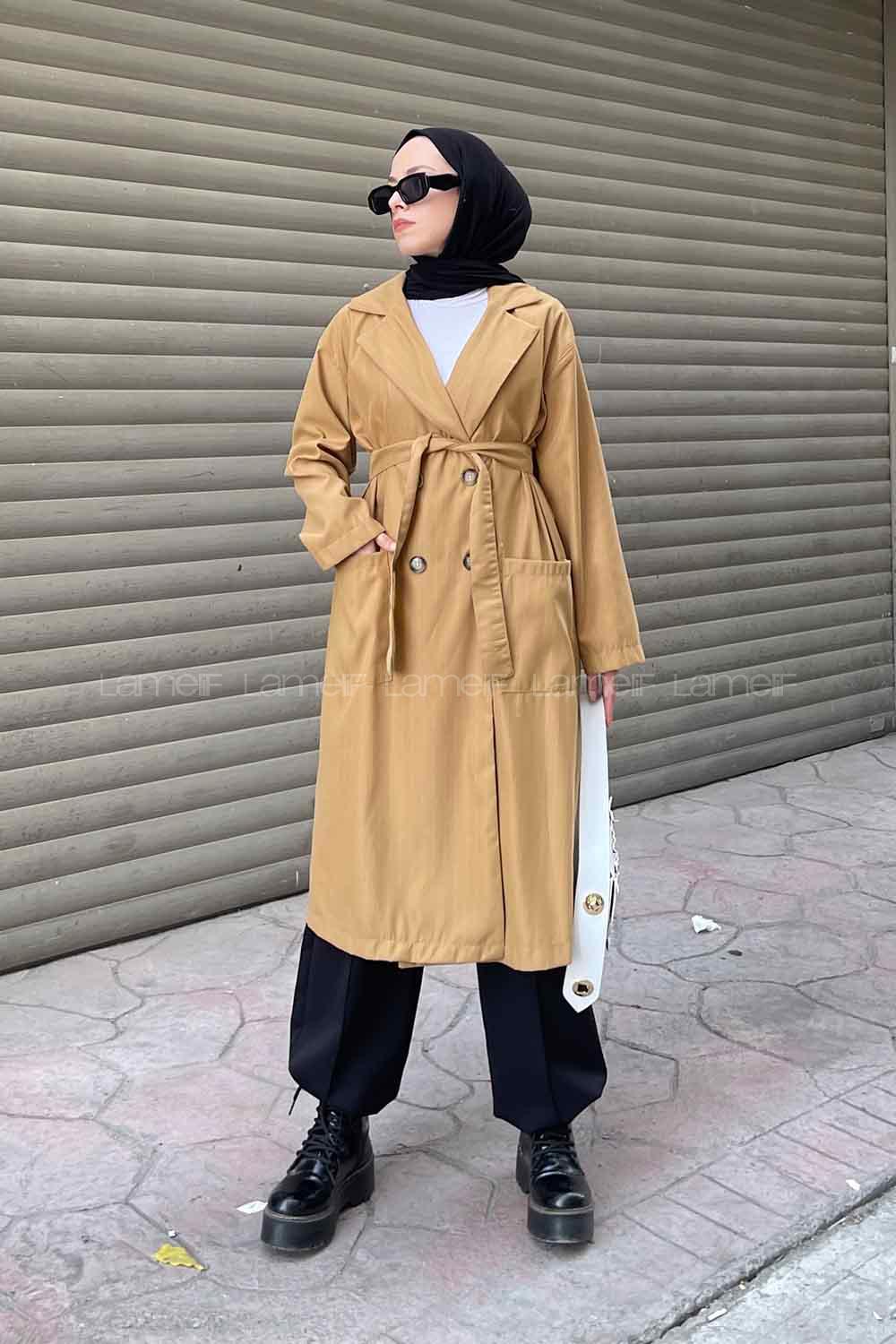 Lamelif Cuerpo Çizgi Detaylı Trençkot Camel