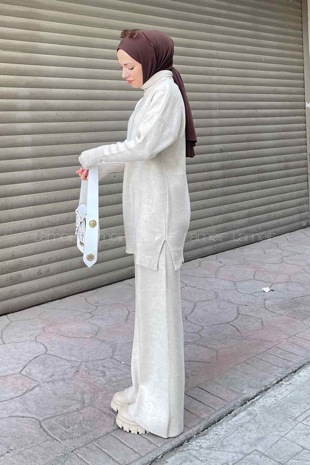Stone Choker Neck Long Arm Without Accessories Knitwear Regular Trousers Comfortable Suit