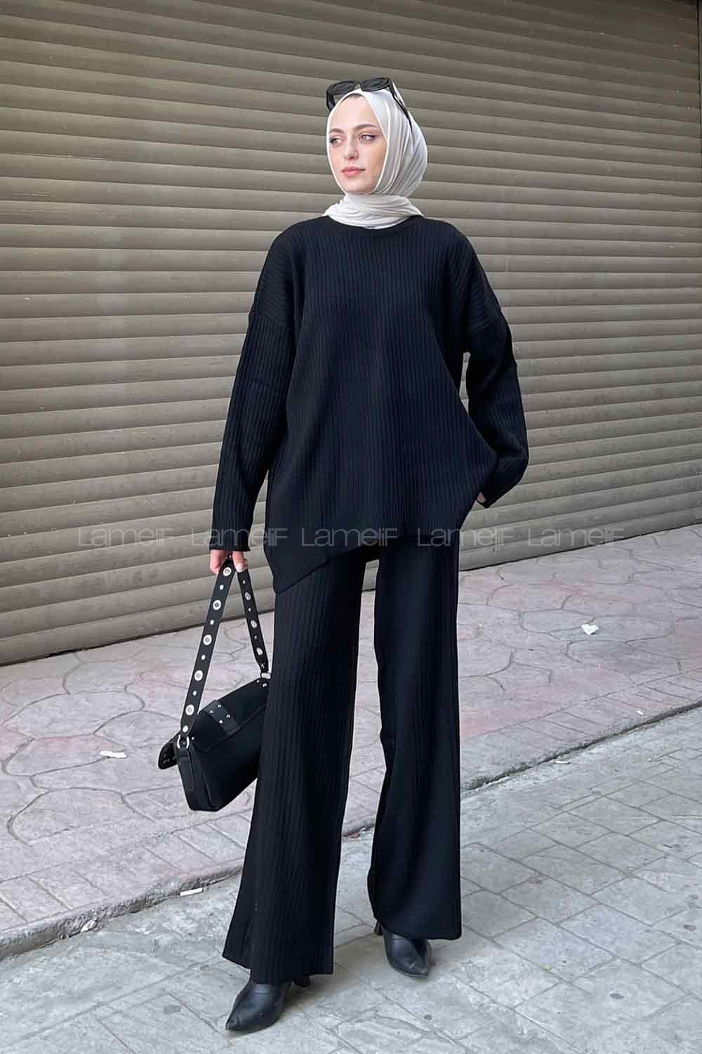 Lamelif Tabata Fitilli Tesettür Takım Siyah