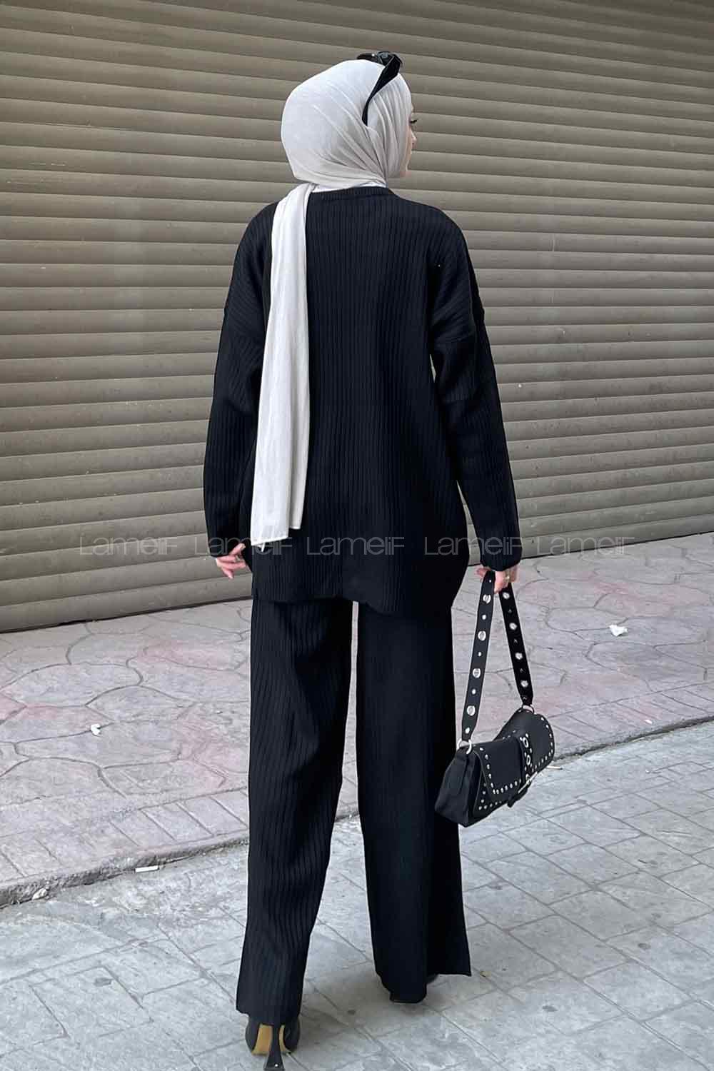 Lamelif Tabata Fitilli Tesettür Takım Siyah