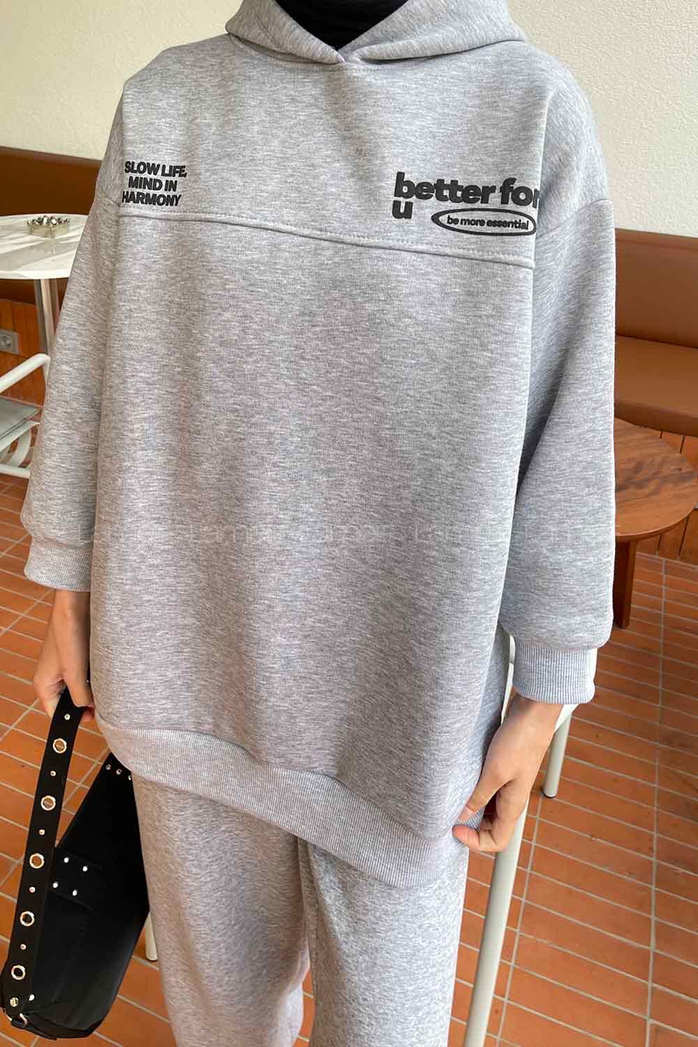 Modalamelid Dikiş Ve Yazı  Baskı Detaylı Sweatshirt Gri