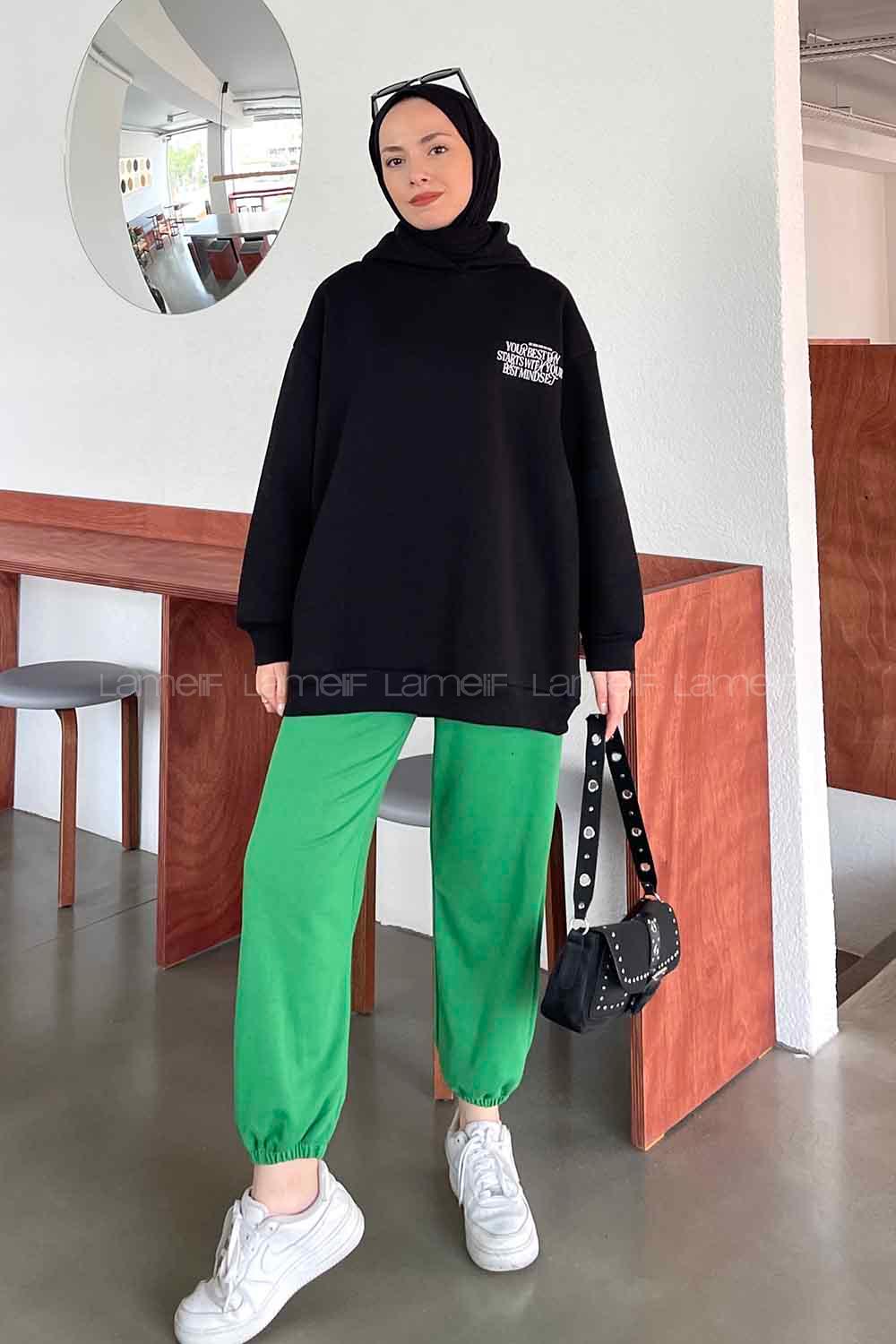 Black Hood Neck Long Arm Printed Sweatshirt