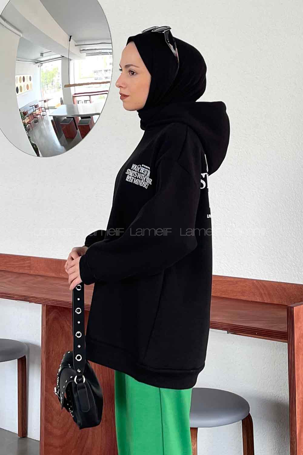 Black Hood Neck Long Arm Printed Sweatshirt